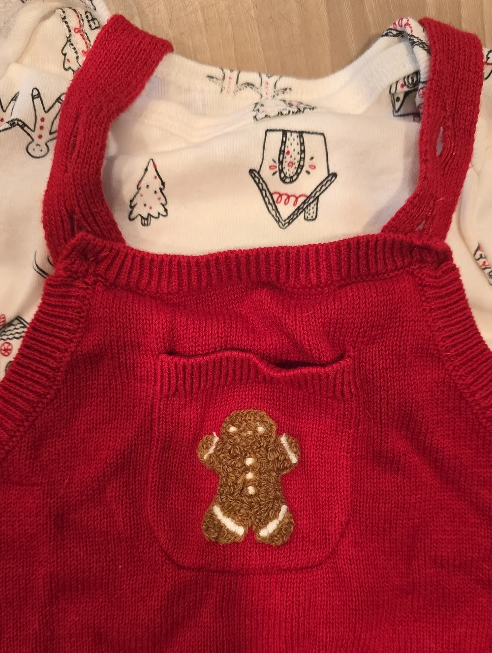 Red Knit Holiday Christmas Romper Pinafore with Gingerbread Pocket